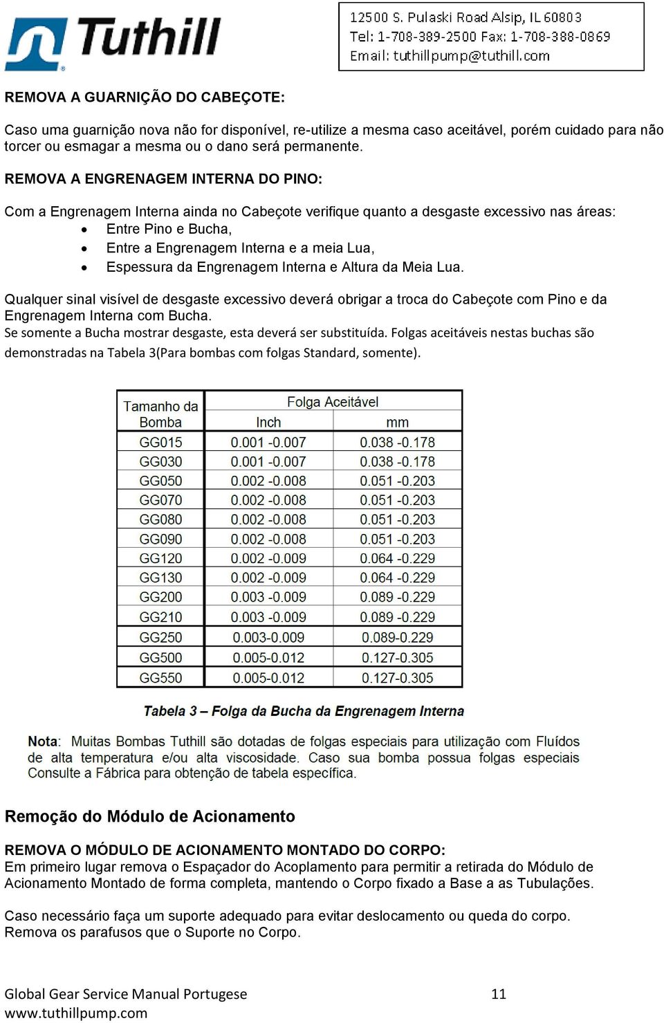 da Engrenagem Interna e Altura da Meia Lua. Qualquer sinal visível de desgaste excessivo deverá obrigar a troca do Cabeçote com Pino e da Engrenagem Interna com Bucha.