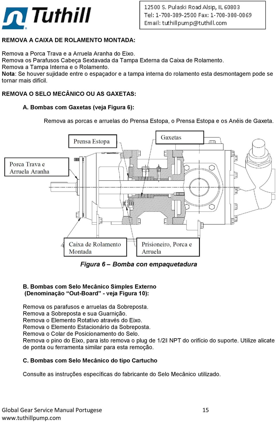 Bombas com Gaxetas (veja Figura 6): Remova as porcas e arruelas do Prensa Estopa, o Prensa Estopa e os Anéis de Gaxeta. Figura 6 Bomba con empaquetadura B.