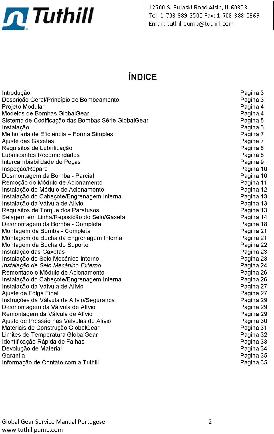 Pagina 9 Inspeção/Reparo Pagina 10 Desmontagem da Bomba - Parcial Pagina 10 Remoção do Módulo de Acionamento Pagina 11 Instalação do Módulo de Acionamento Pagina 12 Instalação do Cabeçote/Engrenagem