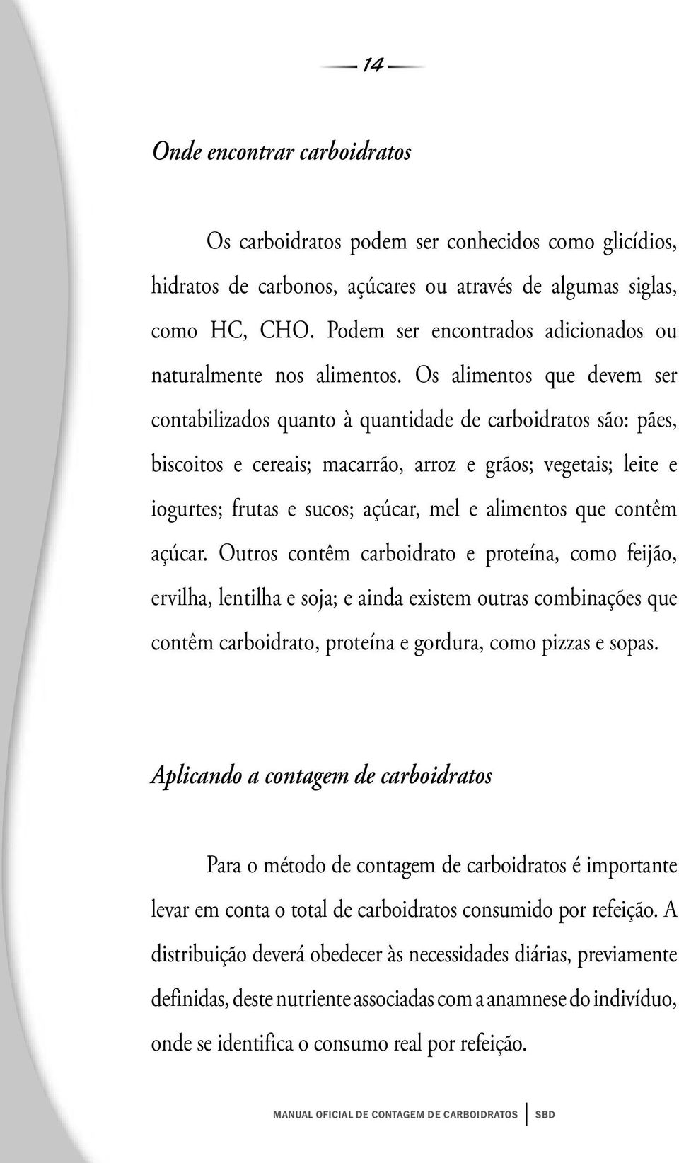 Os alimentos que devem ser contabilizados quanto à quantidade de carboidratos são: pães, biscoitos e cereais; macarrão, arroz e grãos; vegetais; leite e iogurtes; frutas e sucos; açúcar, mel e