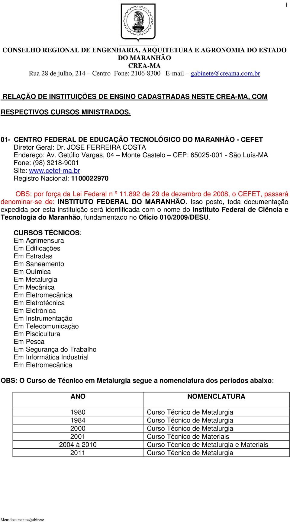 892 de 29 de dezembro de 2008, o CEFET, passará denominar-se de: INSTITUTO FEDERAL.