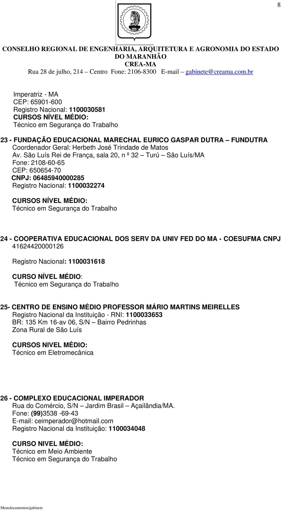 COESUFMA CNPJ 41624420000126 Registro Nacional: 1100031618 CURSO NÍVEL MÉDIO: 25- CENTRO DE ENSINO MÉDIO PROFESSOR MÁRIO MARTINS MEIRELLES Registro Nacional da Instituição - RNI: 1100033653 BR: 135