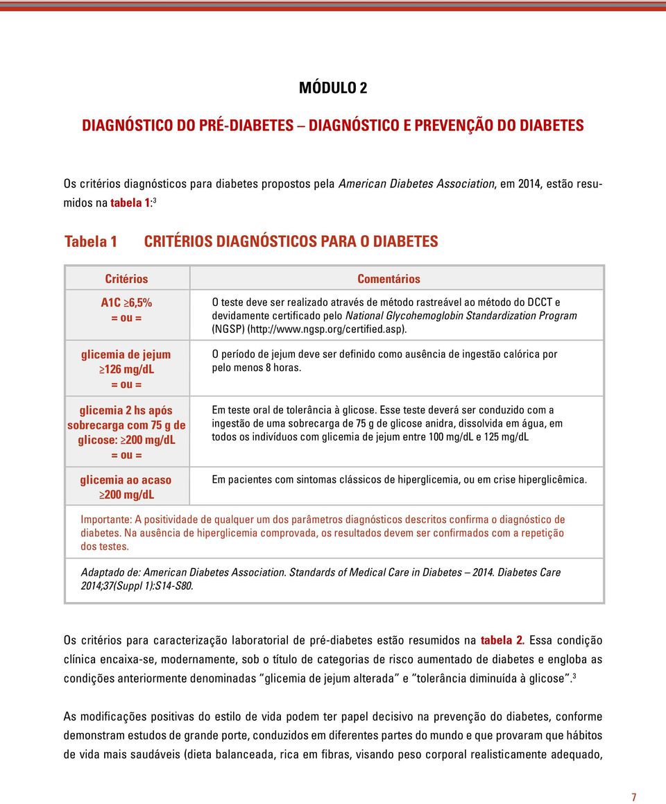 mg/dl Comentários O teste deve ser realizado através de método rastreável ao método do DCCT e devidamente certificado pelo National Glycohemoglobin Standardization Program (NGSP) (http://www.ngsp.