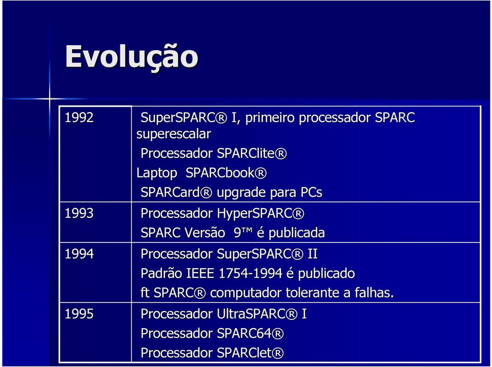 SPARC Versão 9 9 é publicada Processador SuperSPARC II Padrão IEEE 1754-1994 1994 é