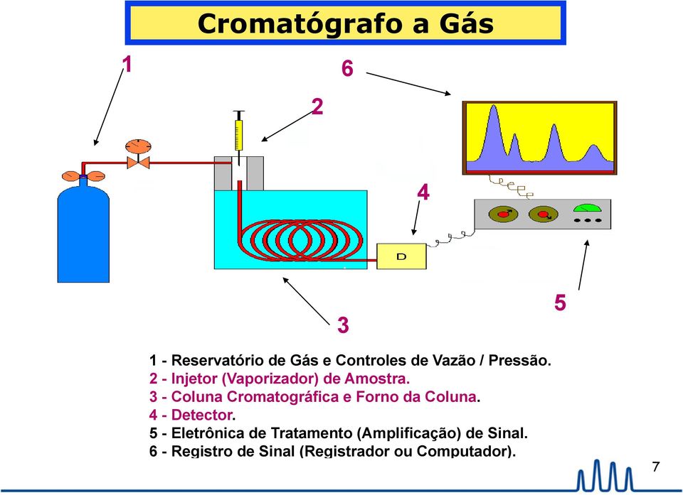 3 - Coluna Cromatográfica e Forno da Coluna. 4 - Detector.