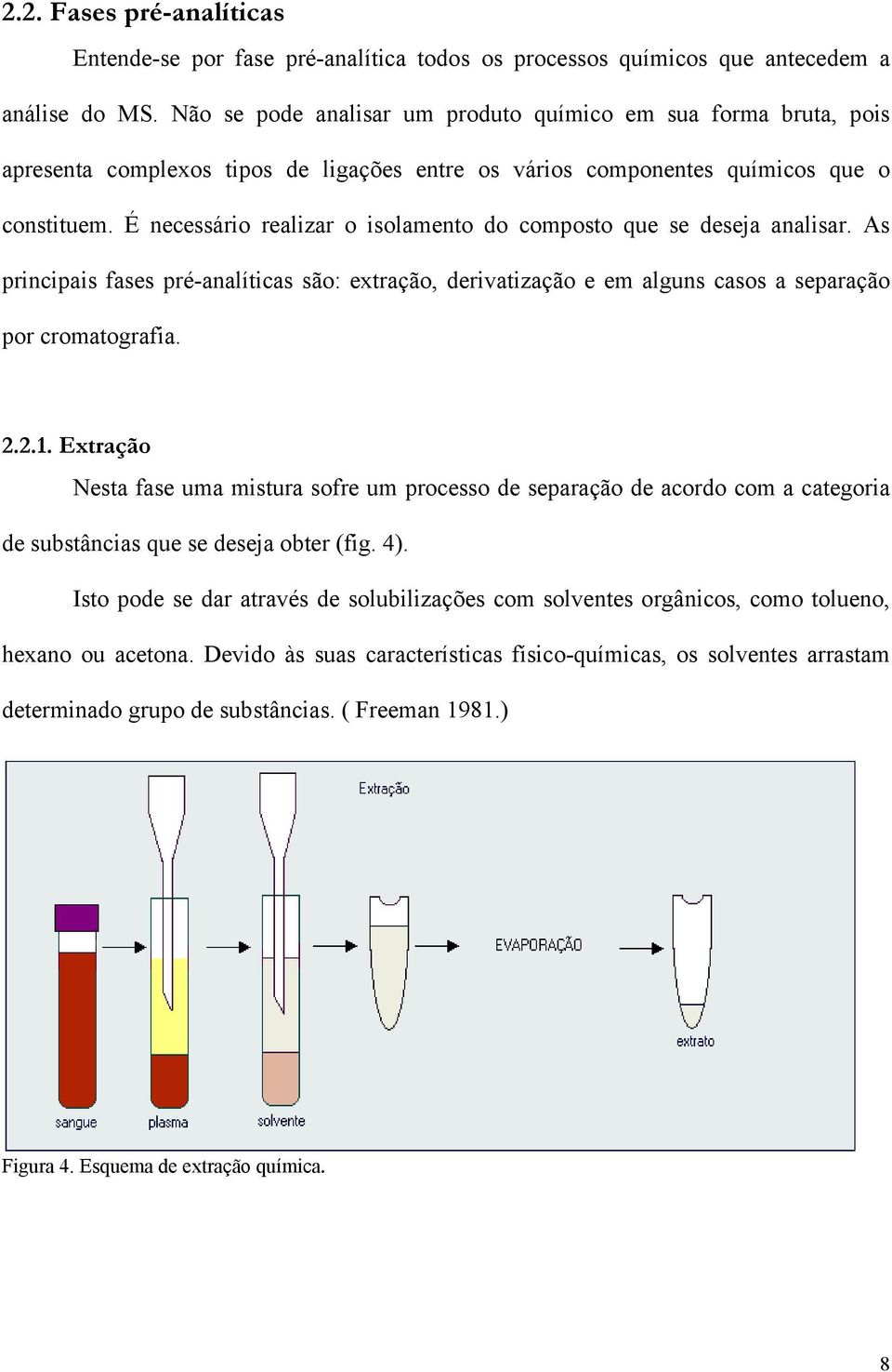 É necessário realizar o isolamento do composto que se deseja analisar. As principais fases pré-analíticas são: extração, derivatização e em alguns casos a separação por cromatografia. 2.2.1.