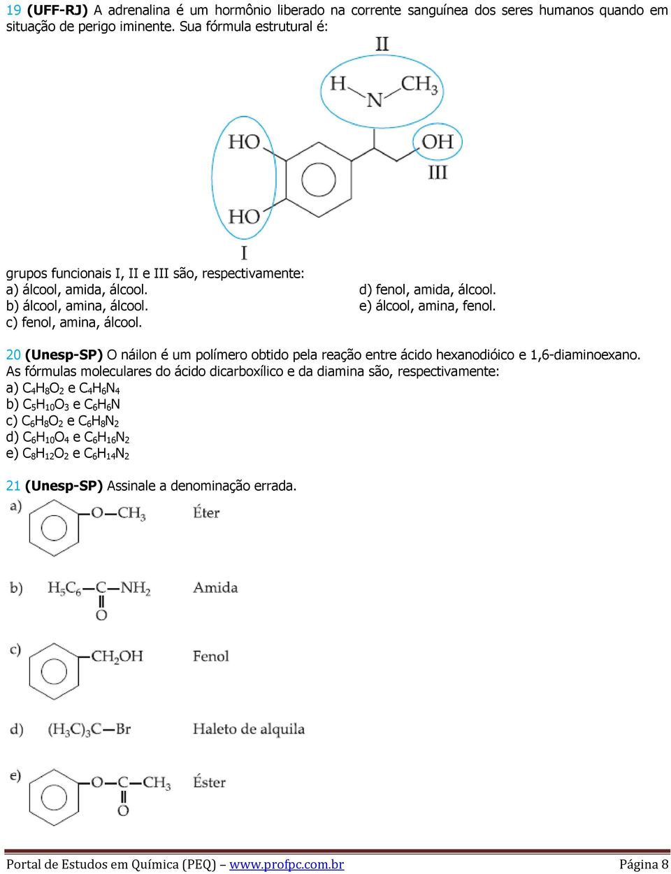 e) álcool, amina, fenol. 20 (Unesp-SP) O náilon é um polímero obtido pela reação entre ácido hexanodióico e 1,6-diaminoexano.