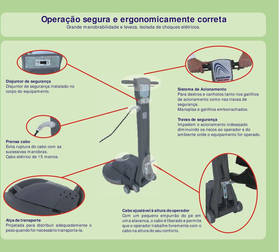 Manoplas e gatilhos emborrachados. Travas de segurança Impedem o acionamento indesejado diminuindo os riscos ao operador e do ambiente onde o equipamento for operado.