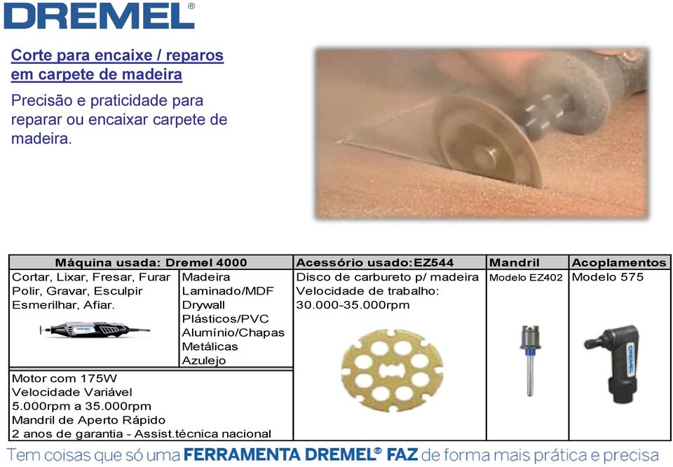 madeira Modelo EZ402 Modelo 575 Polir, Gravar, Esculpir Laminado/MDF Velocidade de trabalho: Esmerilhar, Afiar. Drywall 30.000-35.