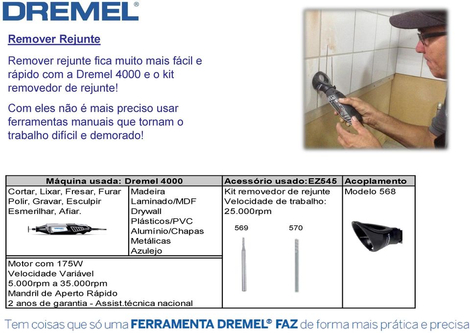 Máquina usada: Dremel 4000 Acessório usado:ez545 Acoplamento Cortar, Lixar, Fresar, Furar Madeira Kit removedor de rejunte Modelo 568 Polir, Gravar,