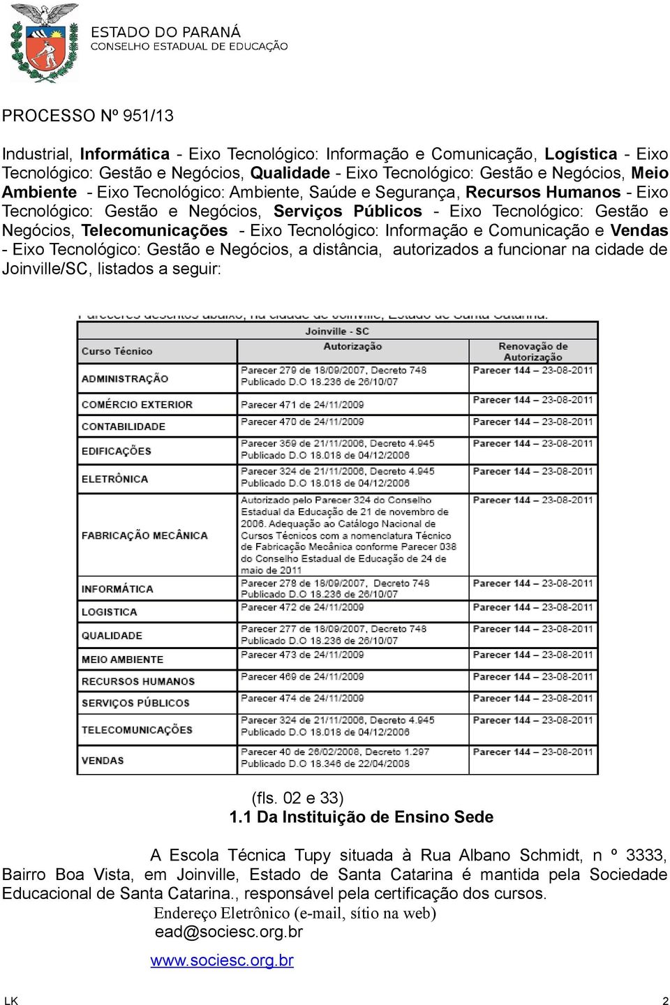 Informação e Comunicação e Vendas - Eixo Tecnológico: Gestão e Negócios, a distância, autorizados a funcionar na cidade de Joinville/SC, listados a seguir: (fls. 02 e 33) 1.