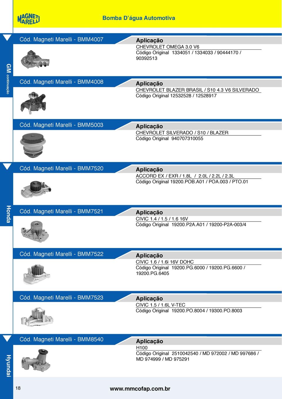 8L / 2.0L / 2.2L / 2.3L Código Original 19200.POB.A01 / POA.003 / PTO.01 Cód. Magneti Marelli - BMM7521 CIVIC 1.4 / 1.5 / 1.6 16V Código Original 19200.P2A.A01 / 19200-P2A-003/4 Cód.