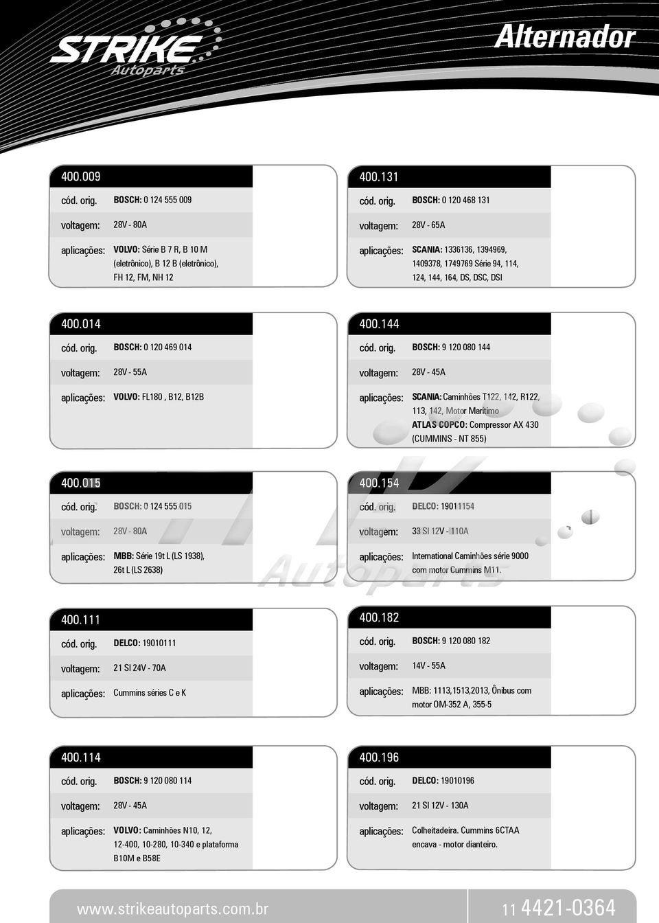 BOSCH: 0 120 468 131 28V - 80A 28V - 65A VOLVO: Série B 7 R, B 10 M (eletrônico), B 12 B (eletrônico), FH 12, FM, NH 12 SCANIA: 1336136, 1394969, 1409378, 1749769 Série 94, 114, 124, 144, 164, DS,