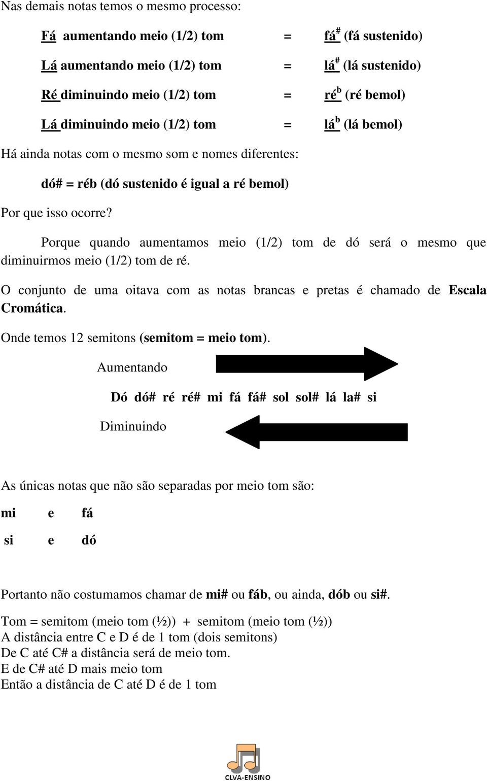 Porque quando aumentamos meio (1/2) tom de dó será o mesmo que diminuirmos meio (1/2) tom de ré. O conjunto de uma oitava com as notas brancas e pretas é chamado de Escala Cromática.