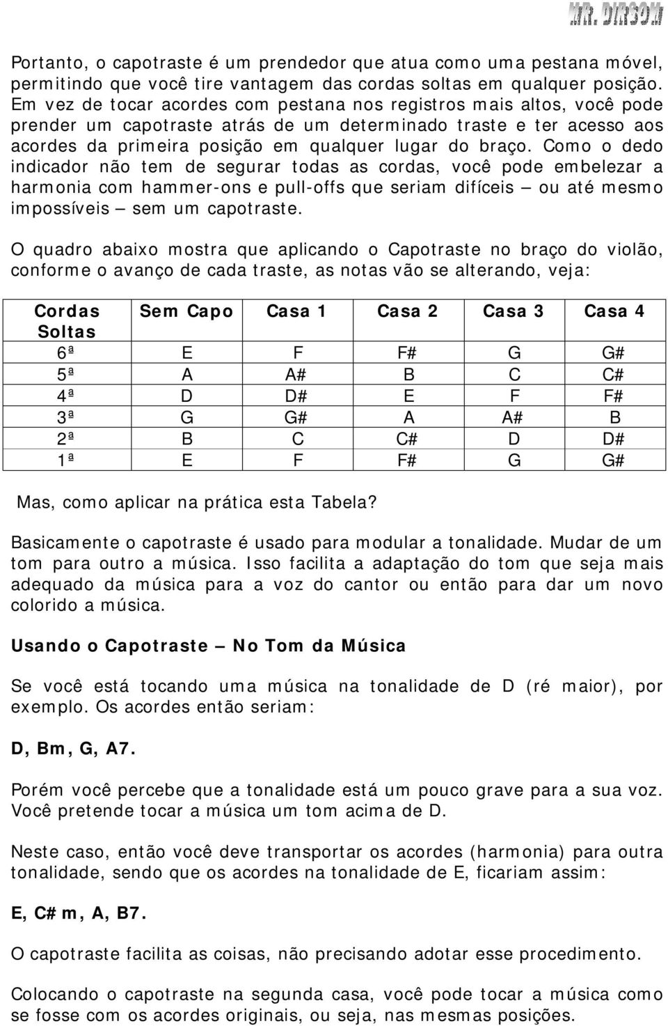 Como o dedo indicador não tem de segurar todas as cordas, você pode embelezar a harmonia com hammer-ons e pull-offs que seriam difíceis ou até mesmo impossíveis sem um capotraste.