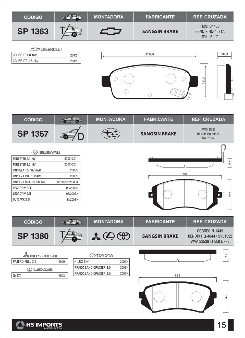 0 16V 4W IMPREZA WRX URBO-SI LEGACY IV 2.0I LEGACY IV 2.5I OUBACK 2.5I 2002>2011 12/2001>12/2003 08/ 08/ 11/ 137 56.8 16.