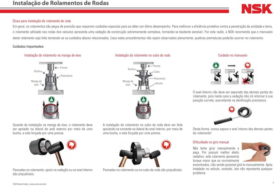 sensível. Por esta razão, a NSK recomenda que o manuseio deste rolamento seja feito tomandose os cuidados abaixo relacionados.