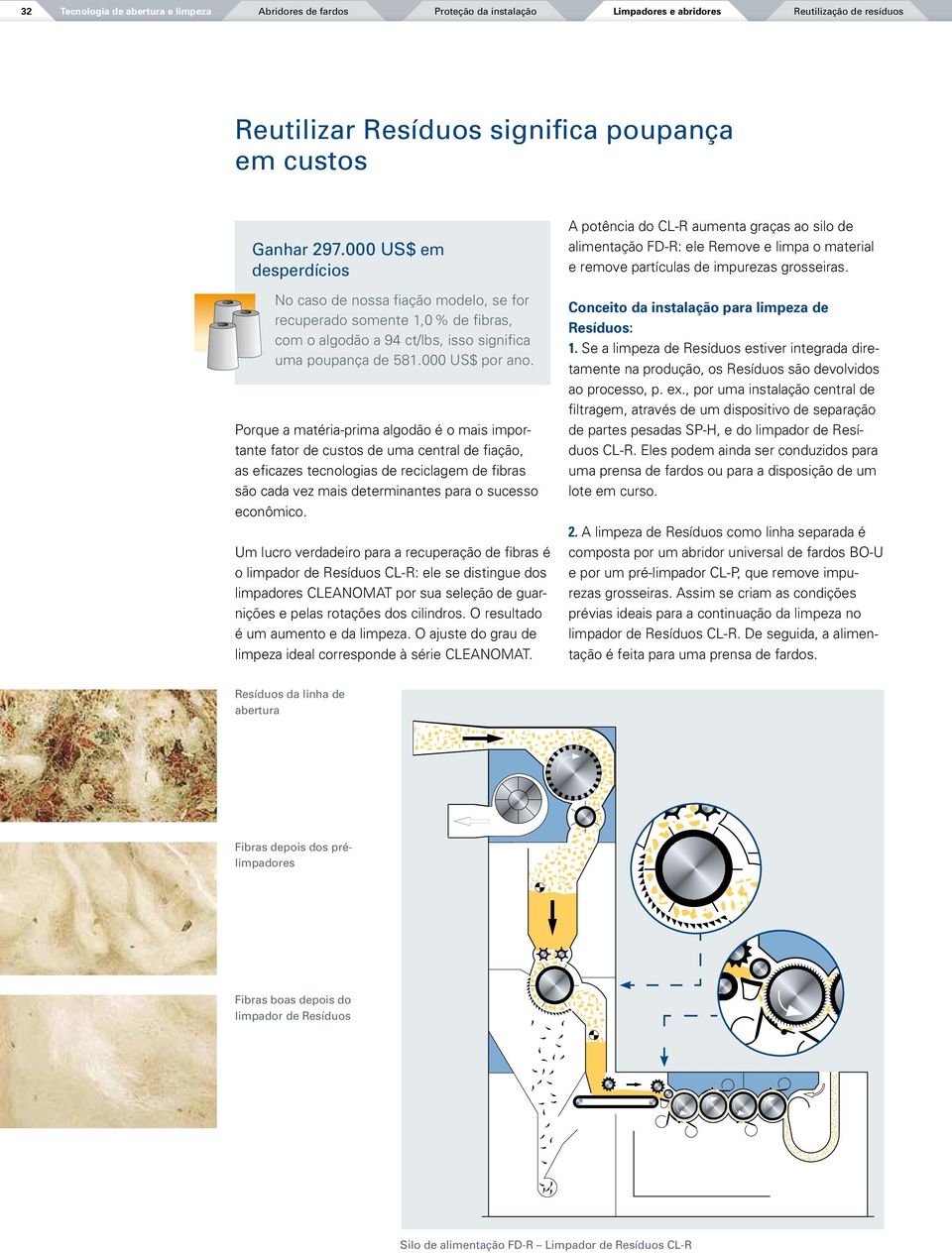 Porque a matéria-prima algodão é o mais importante fator de custos de uma central de fiação, as eficazes tecnologias de reciclagem de fibras são cada vez mais determinantes para o sucesso econômico.