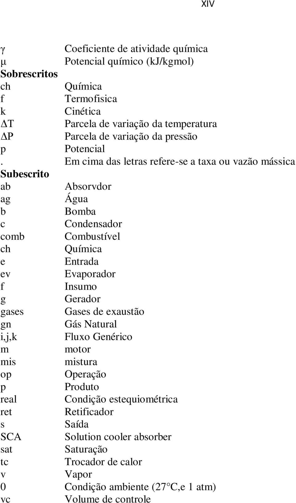 Em cima das letras refere-se a taxa ou vazão mássica Subescrito ab Absorvdor ag Água b Bomba c Condensador comb Combustível ch Química e Entrada ev Evaporador f