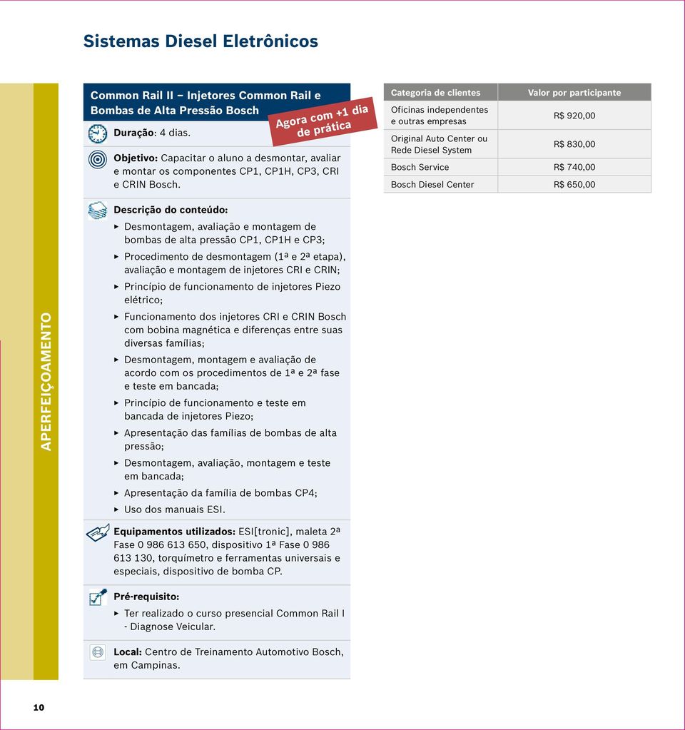 R$ 920,00 R$ 830,00 Bosch Service R$ 740,00 Bosch Diesel Center R$ 650,00 Desmontagem, avaliação e montagem de bombas de alta pressão CP1, CP1H e CP3; Procedimento de desmontagem (1ª e 2ª etapa),