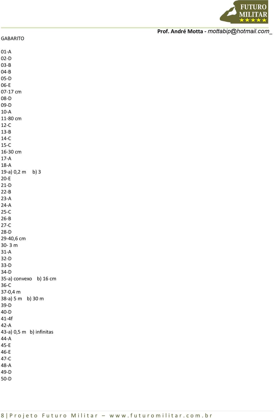 35-a) convexo b) 16 cm 36-C 37-0,4 m 38-a) 5 m b) 30 m 39-D 40-D 41-4f 42-A 43-a) 0,5 m b) infinitas 44-A