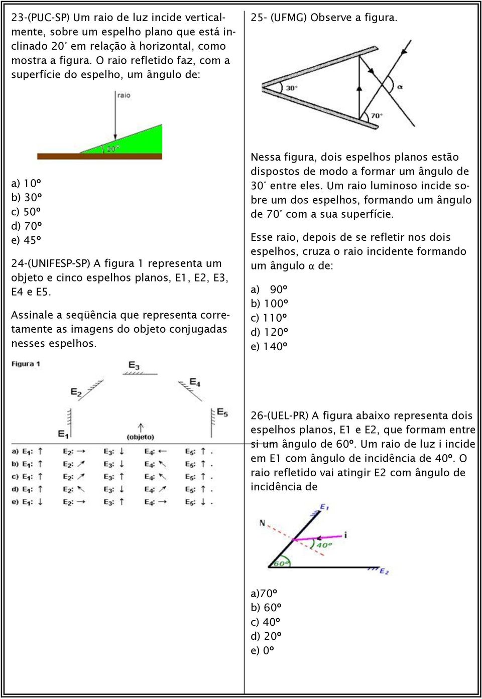 a) 10º b) 30º c) 50º d) 70º e) 45º 24-(UNIFESP-SP) A figura 1 representa um objeto e cinco espelhos planos, E1, E2, E3, E4 e E5.