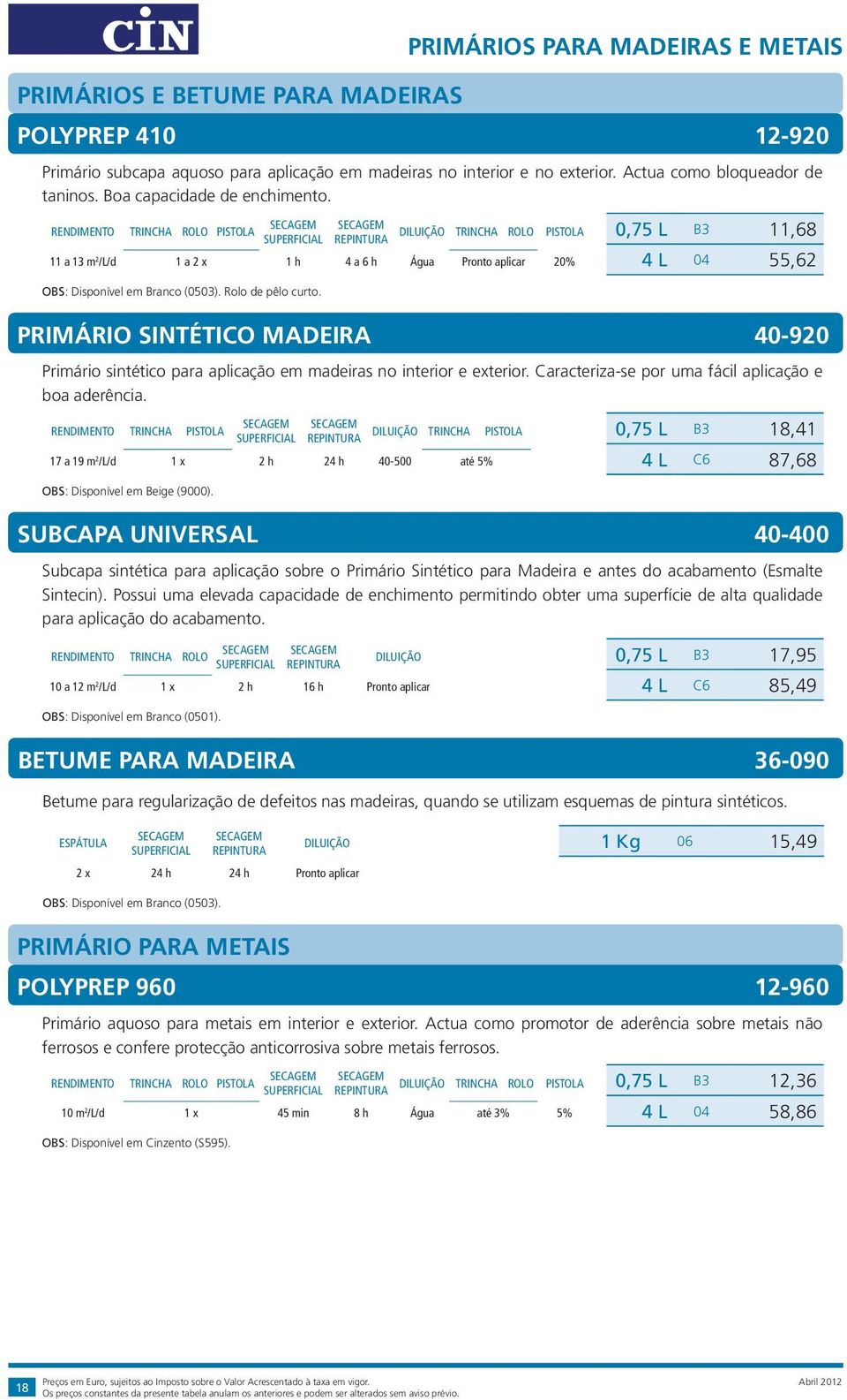 trincha rolo pistola 11 a 13 m 2 /L/d 1 a 2 x 1 h 4 a 6 h Água Pronto aplicar 20% Primários para madeiras e metais 0,75 L B3 11,68 4 L 04 55,62 primário sintético madeira 40-920 Primário sintético