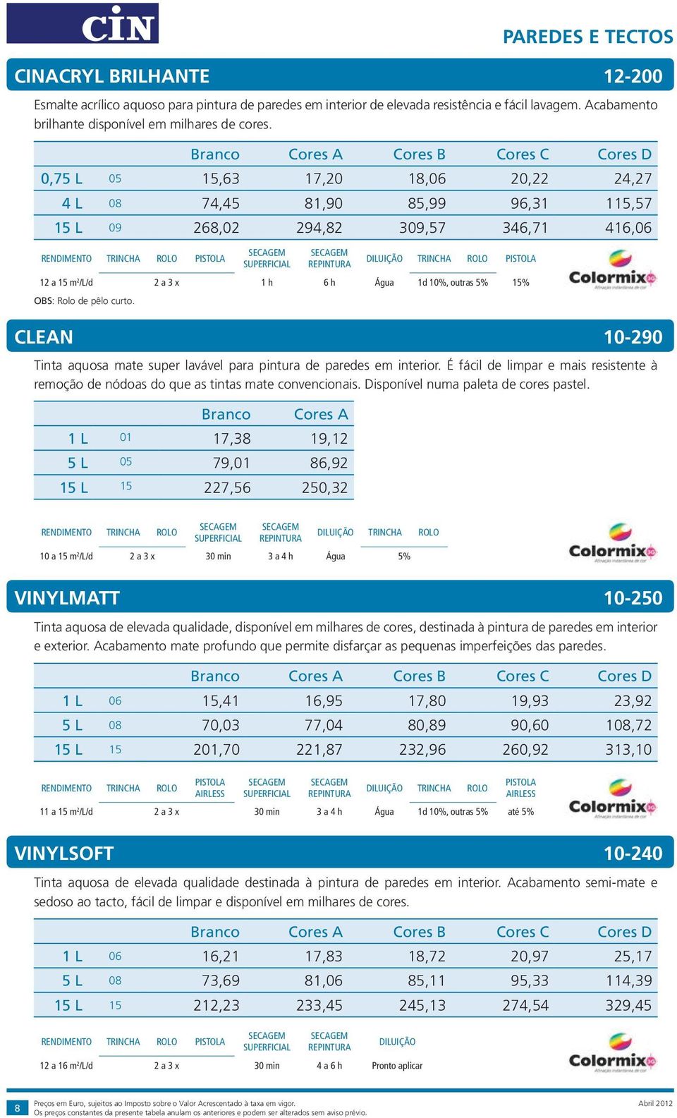 outras 5% 15% OBS: Rolo de pêlo curto. CLEAN 10-290 Tinta aquosa mate super lavável para pintura de paredes em interior.