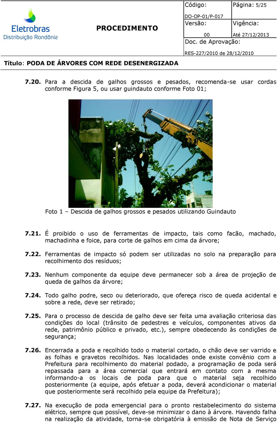 É proibido o uso de ferramentas de impacto, tais como facão, machado, machadinha e foice, para corte de galhos em cima da árvore; 7.22.