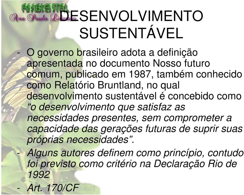 desenvolvimento que satisfaz as necessidades presentes, sem comprometer a capacidade das gerações futuras de suprir suas