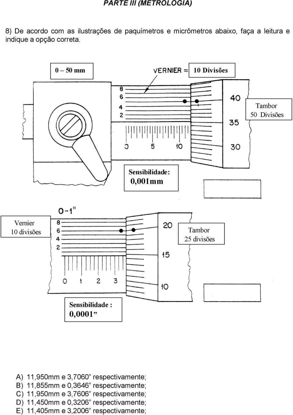 0 50 mm 10 Divisões Tambor 50 Divisões Sensibilidade: 0,001mm Vernier 10 divisões Tambor 25 divisões