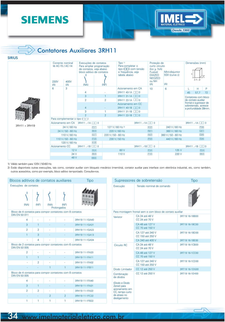 em CA 10 6 P 4 3R11 401A 0 45 57,7 72 3 1 3R11 311A 0 Contatores com bloco 2 2 3R11 221A 0 de contato auxiliar Acionamento em CC frontal e supressor de sobretensão, acresce 4 3R11 401B 0 a