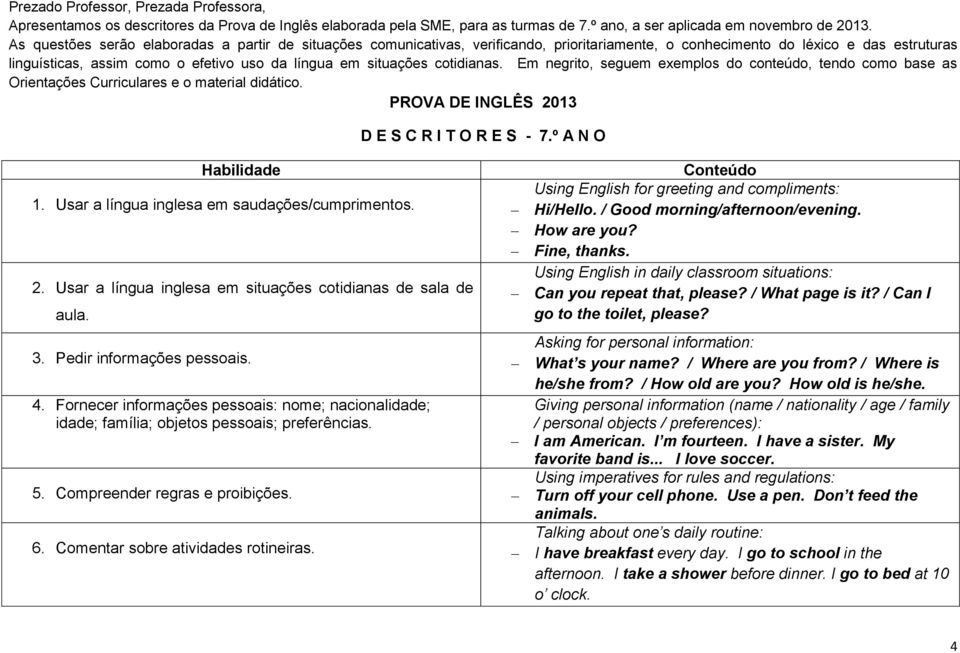 situações cotidianas. Em negrito, seguem exemplos do conteúdo, tendo como base as Orientações Curriculares e o material didático. PROVA DE INGLÊS 2013 D E S C R I T O R E S - 7.º A N O Habilidade 1.