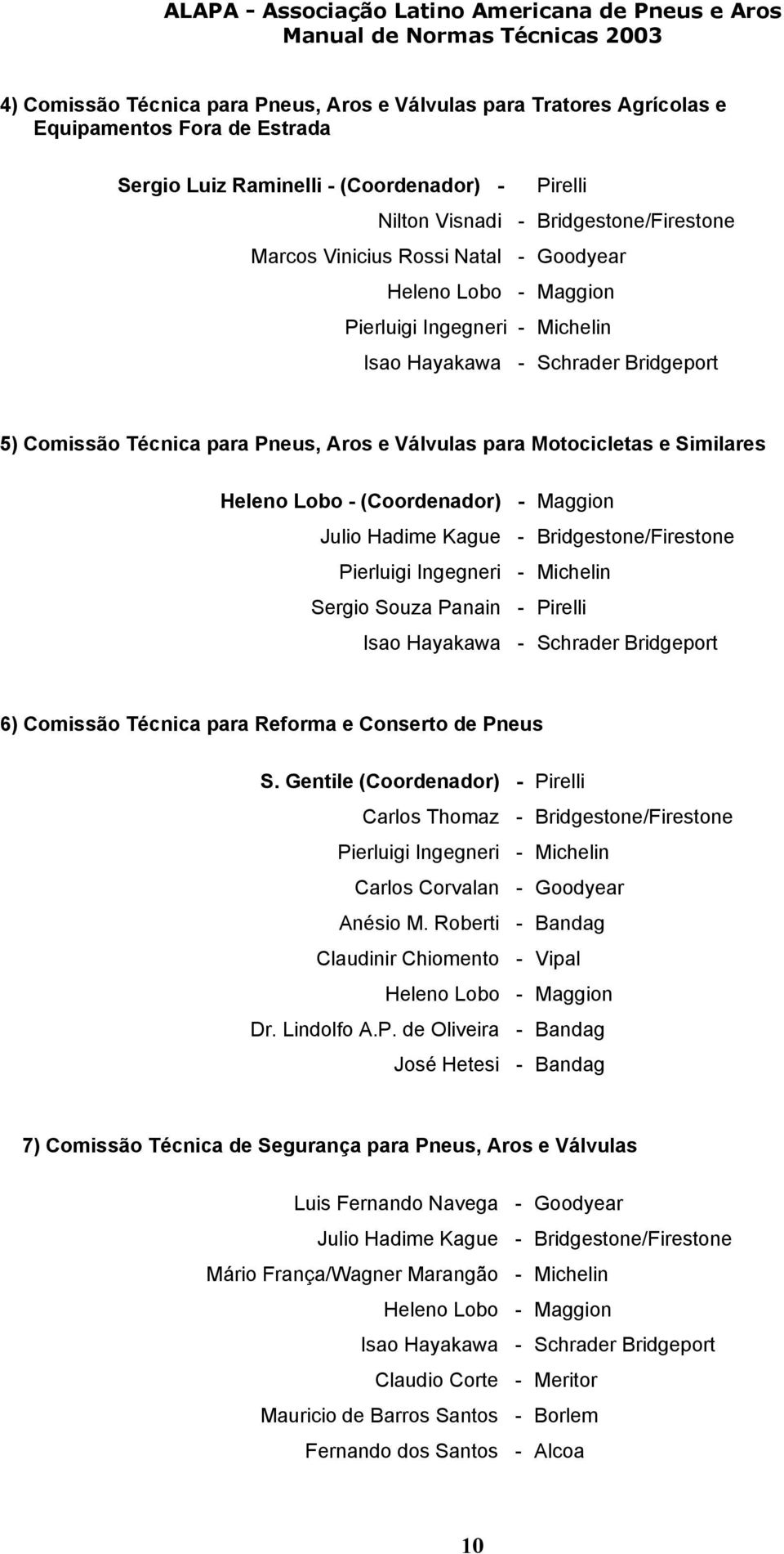 5) Comissão Técnica para Pneus, Aros e Válvulas para Motocicletas e Similares Heleno Lobo - (Coordenador) - Maggion Julio Hadime Kague - Bridgestone/Firestone Pierluigi Ingegneri - Michelin Sergio