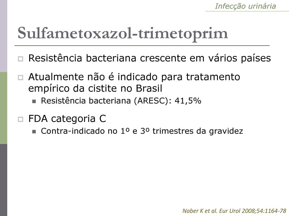 Brasil Resistência bacteriana (ARESC): 41,5% FDA categoria C