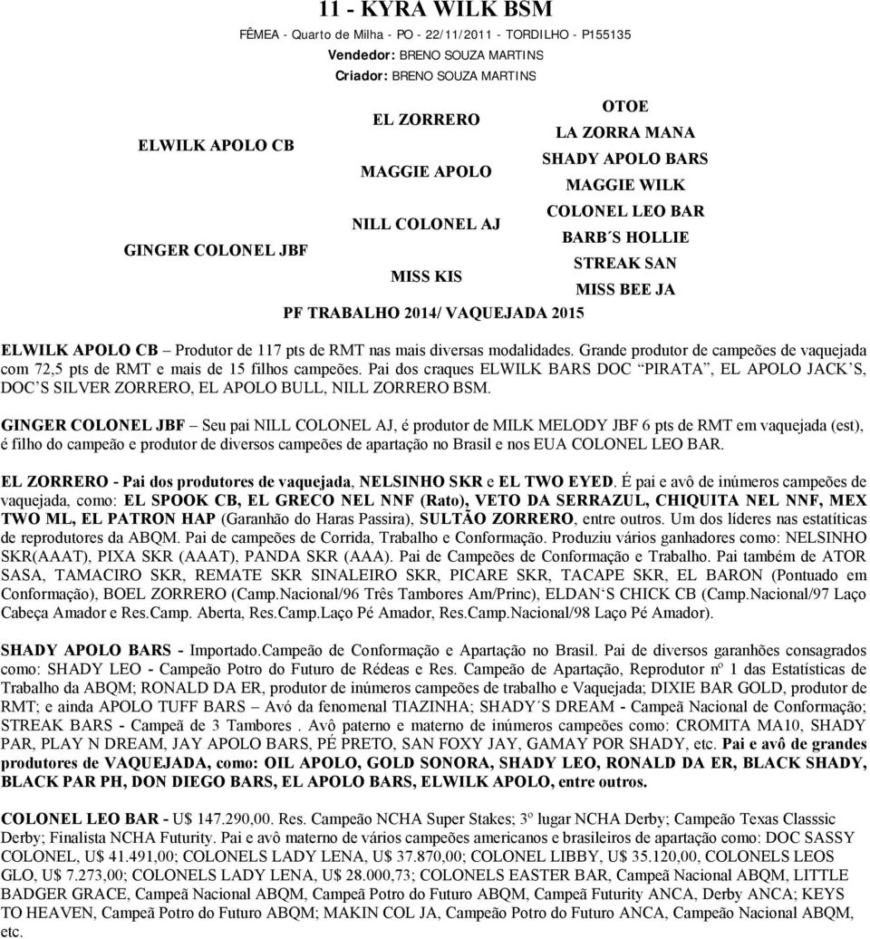 RMT nas mais diversas modalidades. Grande produtor de campeões de vaquejada com 72,5 pts de RMT e mais de 15 filhos campeões.