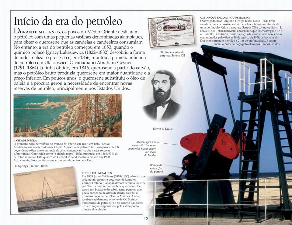 No entanto, a era do petróleo começou em 1853, quando o químico polaco Ignacy Lukasiewicz (1822 1882) descobriu a forma de industrializar o processo e, em 1856, montou a primeira refinaria de