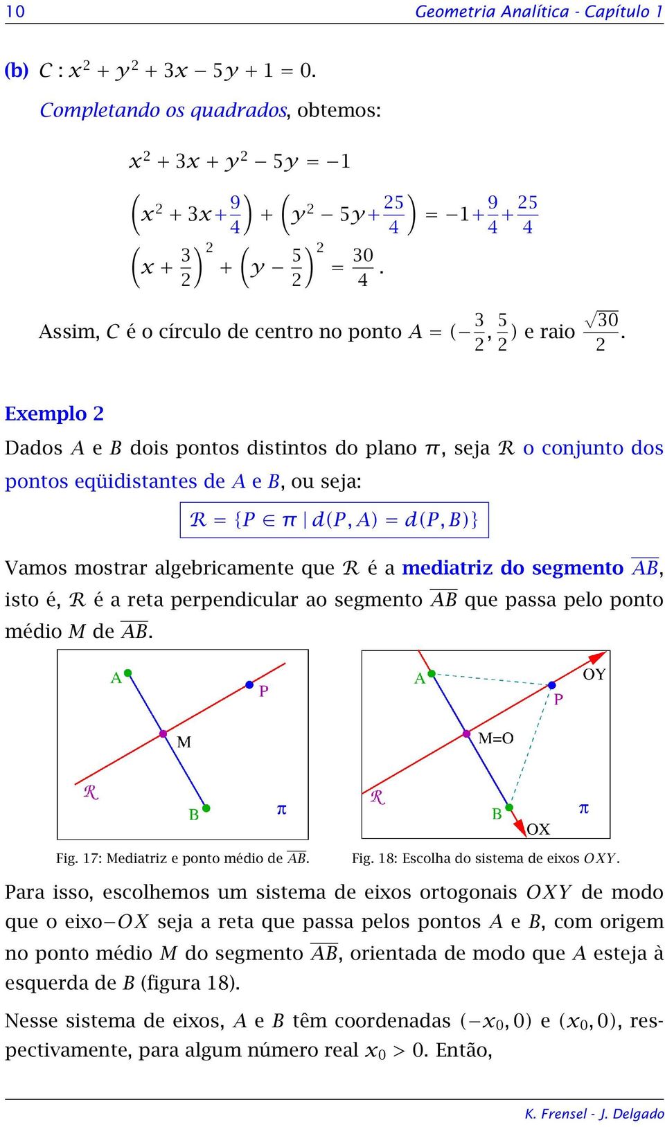Exemplo Dados A e B dois pontos distintos do plano π, seja R o conjunto dos pontos eqüidistantes de A e B, ou seja: R = {P π d(p, A) = d(p, B)} Vamos mostrar algebricamente que R é a mediatriz do