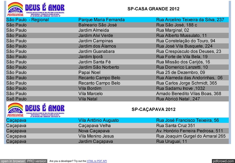 dos Deuses, 23 São Paulo Jardim Iporã Rua Forte de Vila Bela, 19 São Paulo Jardim Santa Fé Rua Missão dos Carijós, 16 São Paulo Jardim São Norberto Rua Domerico Lanzetti, 10 São Paulo Papai Noel Rua