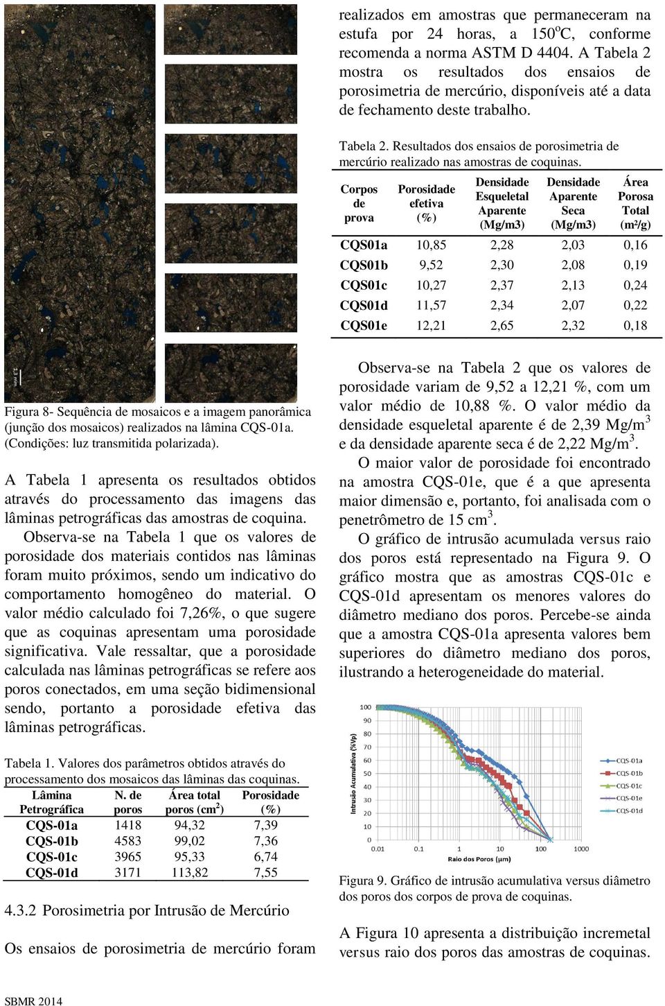 Corpos de prova Porosidade efetiva (%) Densidade Esqueletal Aparente (Mg/m3) Densidade Aparente Seca (Mg/m3) Área Porosa Total (m²/g) CQS01a 10,85 2,28 2,03 0,16 CQS01b 9,52 2,30 2,08 0,19 CQS01c