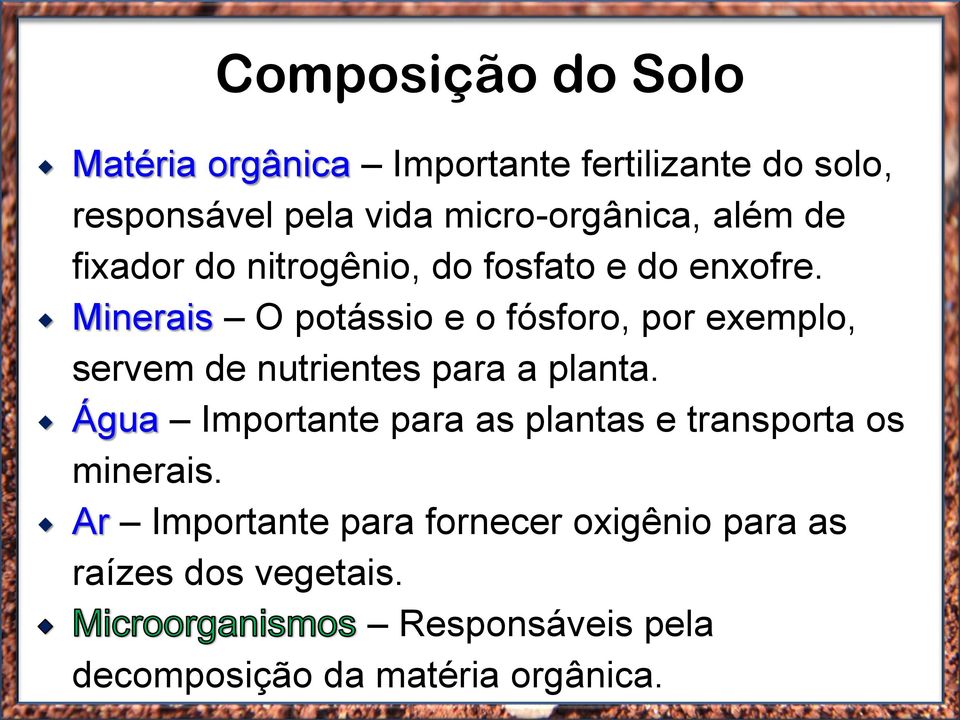Minerais O potássio e o fósforo, por exemplo, servem de nutrientes para a planta.