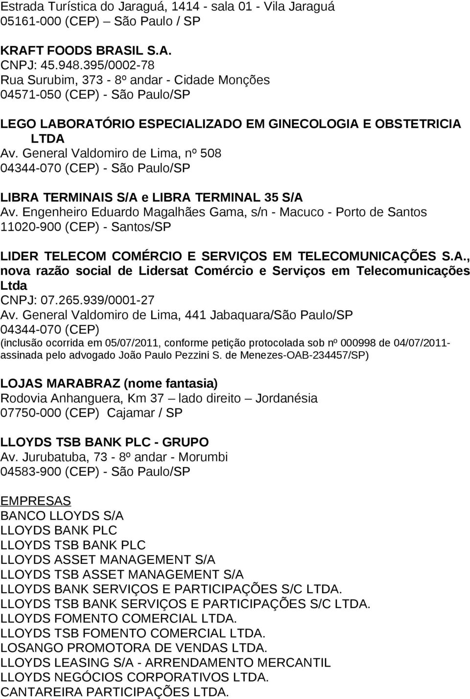 General Valdomiro de Lima, nº 508 04344-070 (CEP) - São Paulo/SP LIBRA TERMINAIS S/A e LIBRA TERMINAL 35 S/A Av.