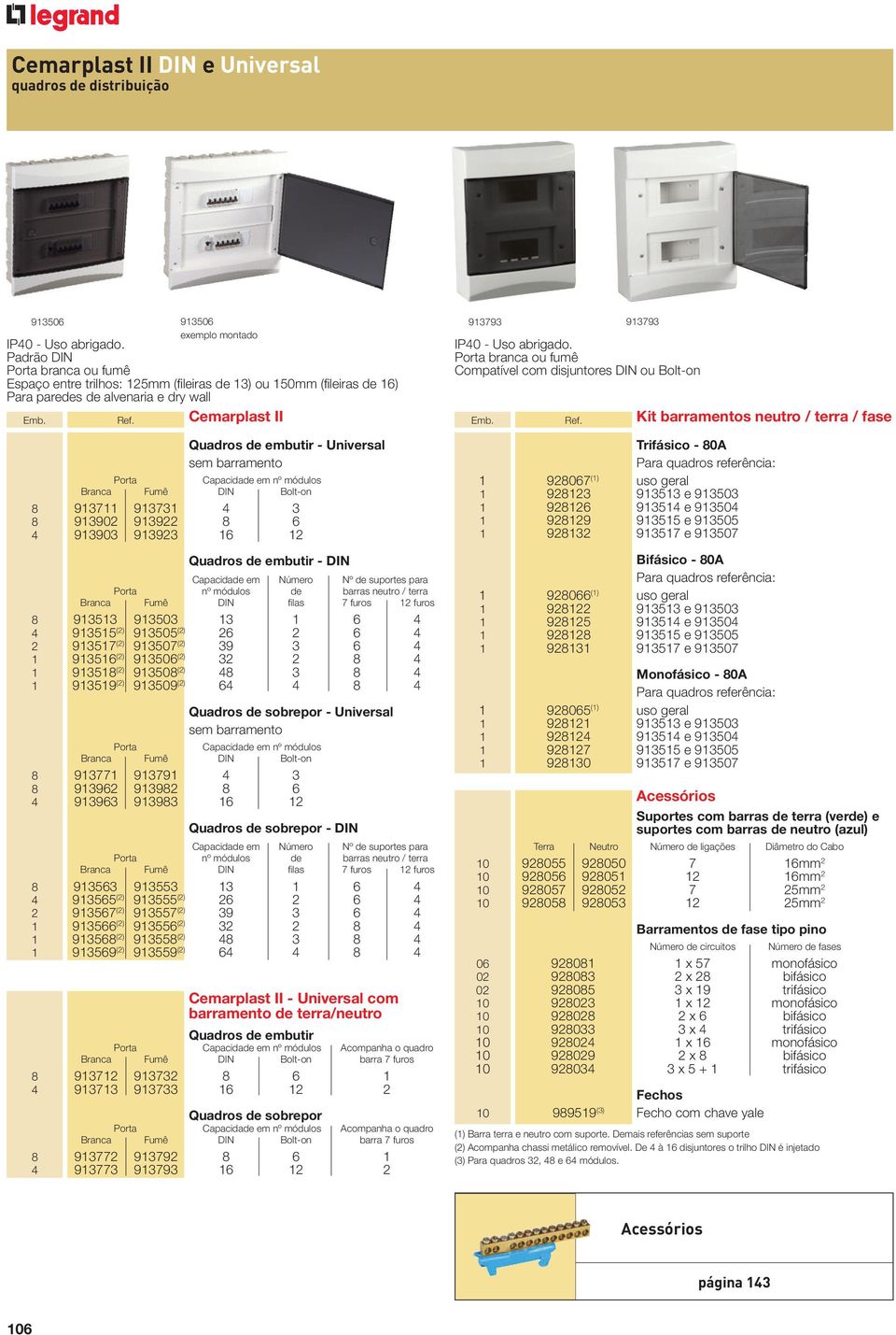 Cemarplast II Quadros de embutir - Universal sem barramento Porta Capacidade em nº módulos Branca Fumê DIN Bolt-on 8 913711 913731 4 3 8 913902 913922 8 6 4 913903 913923 16 12 Quadros de embutir -