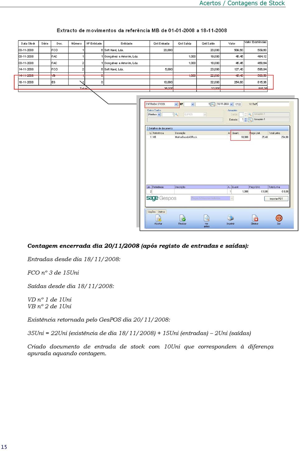 pelo GesPOS dia 20/11/2008: 35Uni = 22Uni (existência de dia 18/11/2008) + 15Uni (entradas) 2Uni
