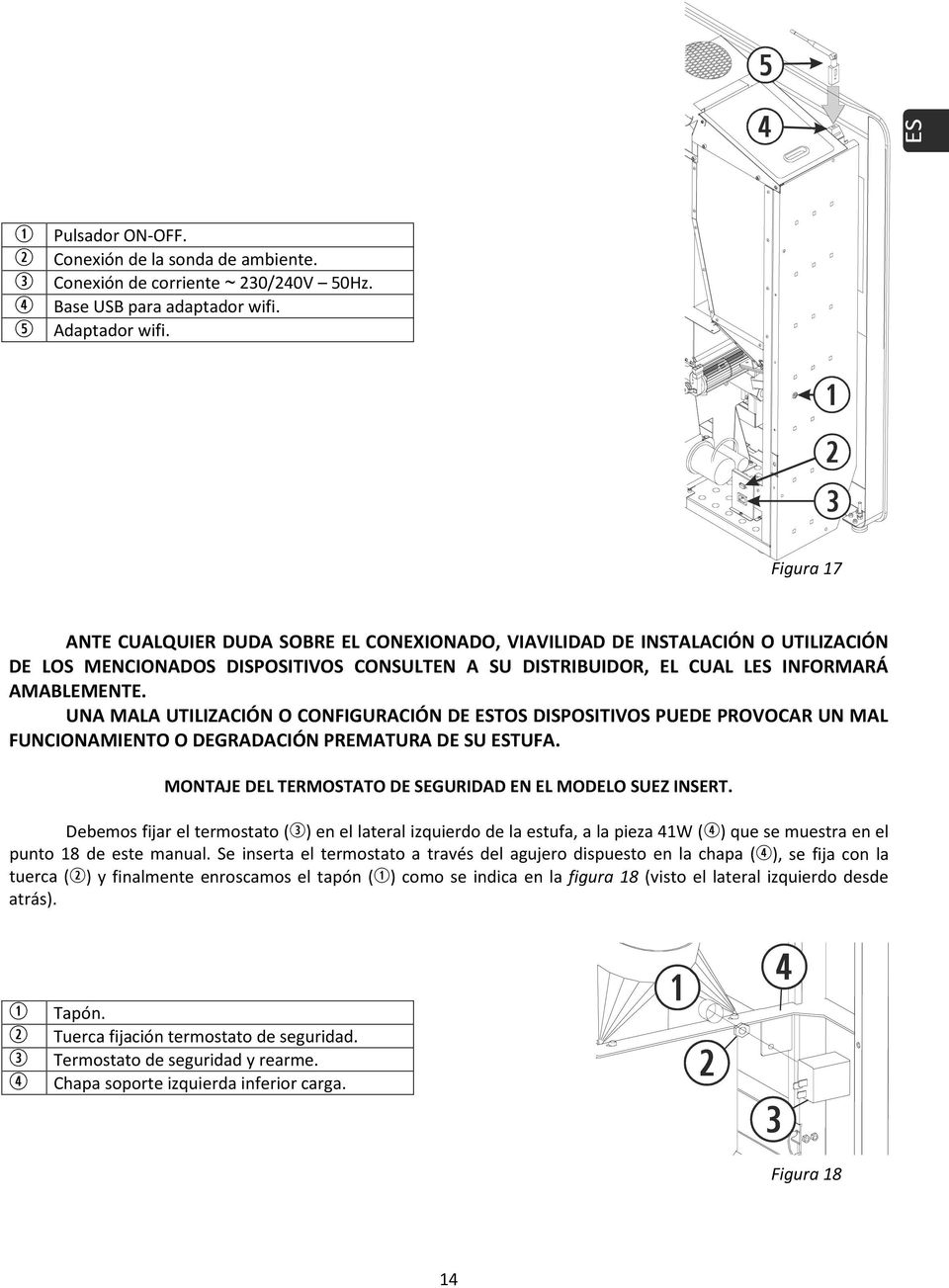 UNA MALA UTILIZACIÓN O CONFIGURACIÓN DE ESTOS DISPOSITIVOS PUEDE PROVOCAR UN MAL FUNCIONAMIENTO O DEGRADACIÓN PREMATURA DE SU ESTUFA. MONTAJE DEL TERMOSTATO DE SEGURIDAD EN EL MODELO SUEZ INSERT.