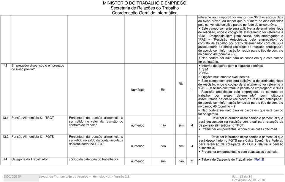 Este campo somente será aplicável a determinados tipos de rescisão, onde o código de afastamento for referente à SJ2 - Despedida sem justa causa, pelo empregador e RA2 Rescisão Antecipada, pelo