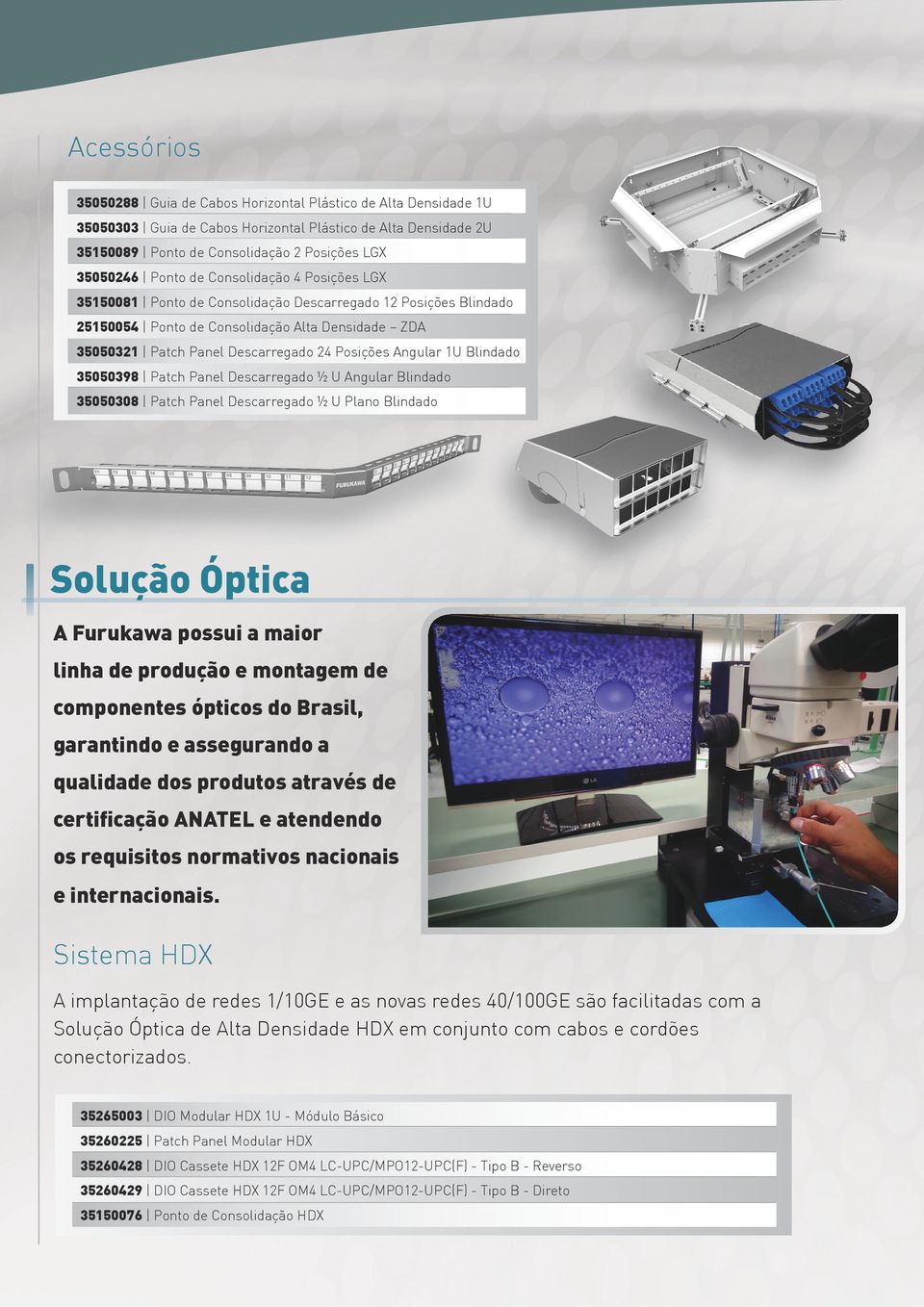 1U Blindado 35050398 Patch Panel Descarregado ½ U Angular Blindado 35050308 Patch Panel Descarregado ½ U Plano Blindado Solução Óptica A Furukawa possui a maior linha de produção e montagem de