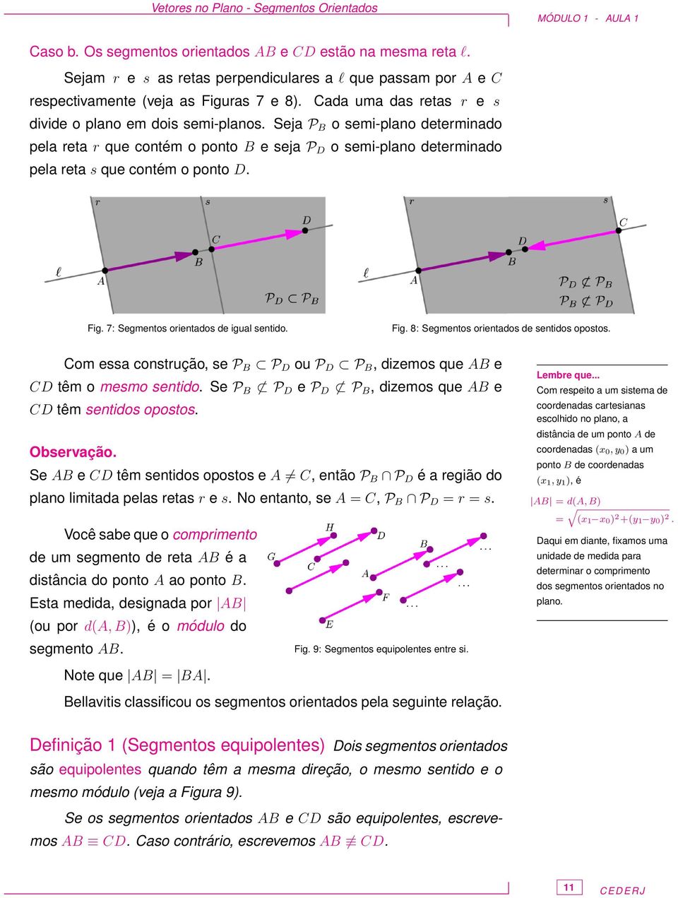 Seja P B o semi-plano determinado pela reta r que contém o ponto B e seja P D o semi-plano determinado pela reta s que contém o ponto D. Fig. 7: Segmentos orientados de igual sentido. Fig. 8: Segmentos orientados de sentidos opostos.