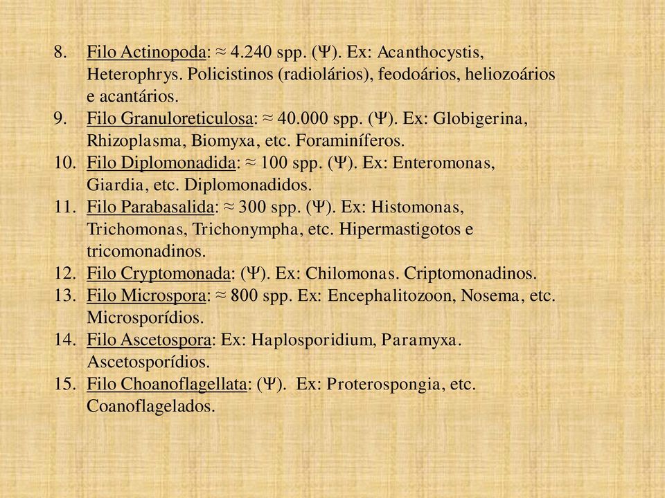 Hipermastigotos e tricomonadinos. 12. Filo Cryptomonada: (Ψ). Ex: Chilomonas. Criptomonadinos. 13. Filo Microspora: 800 spp. Ex: Encephalitozoon, Nosema, etc. Microsporídios. 14.