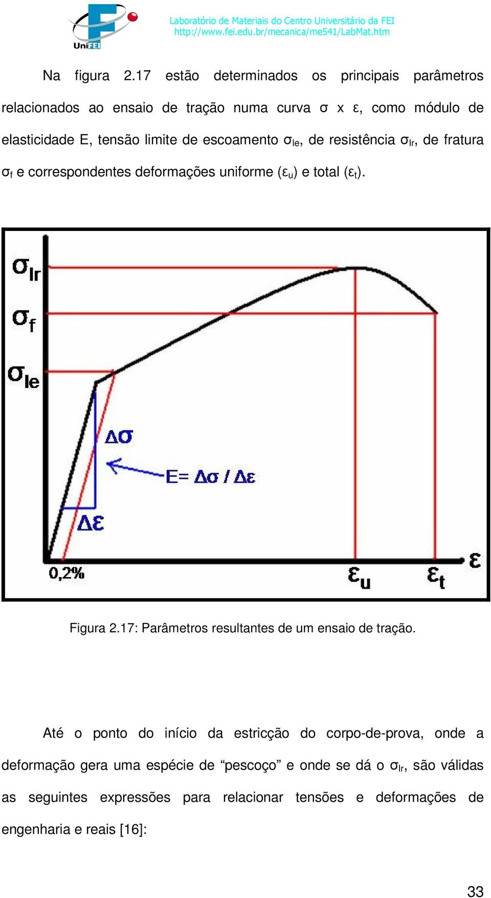 limite de escoamento le, de resistência lr, de fratura f e correspondentes deformações uniforme ( u ) e total ( t ). Figura 2.